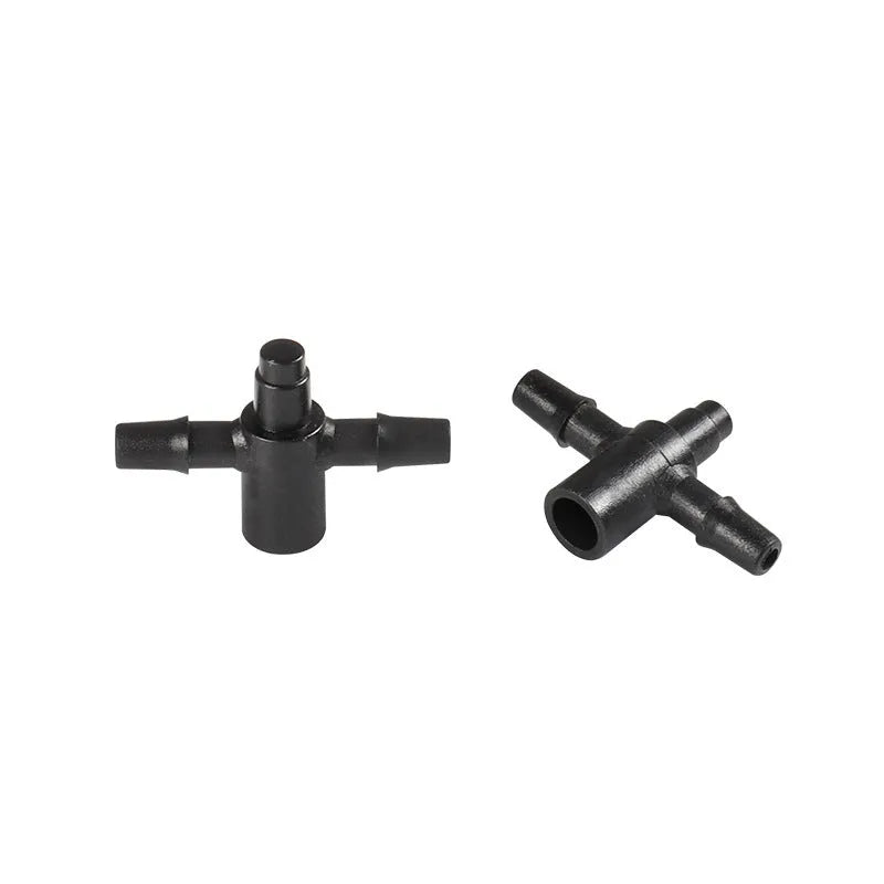 PE plastic tee joint connector for garden irrigation water distribution systems.