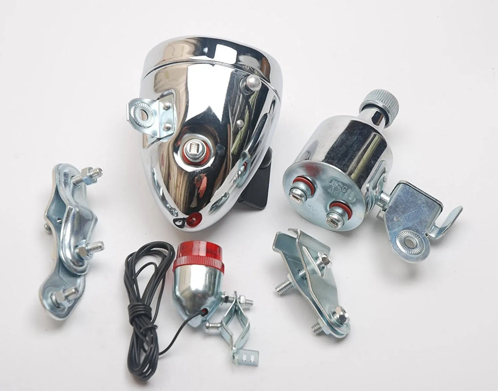 Silver bicycle dynamo-powered generator light with friction drive for front and rear lighting