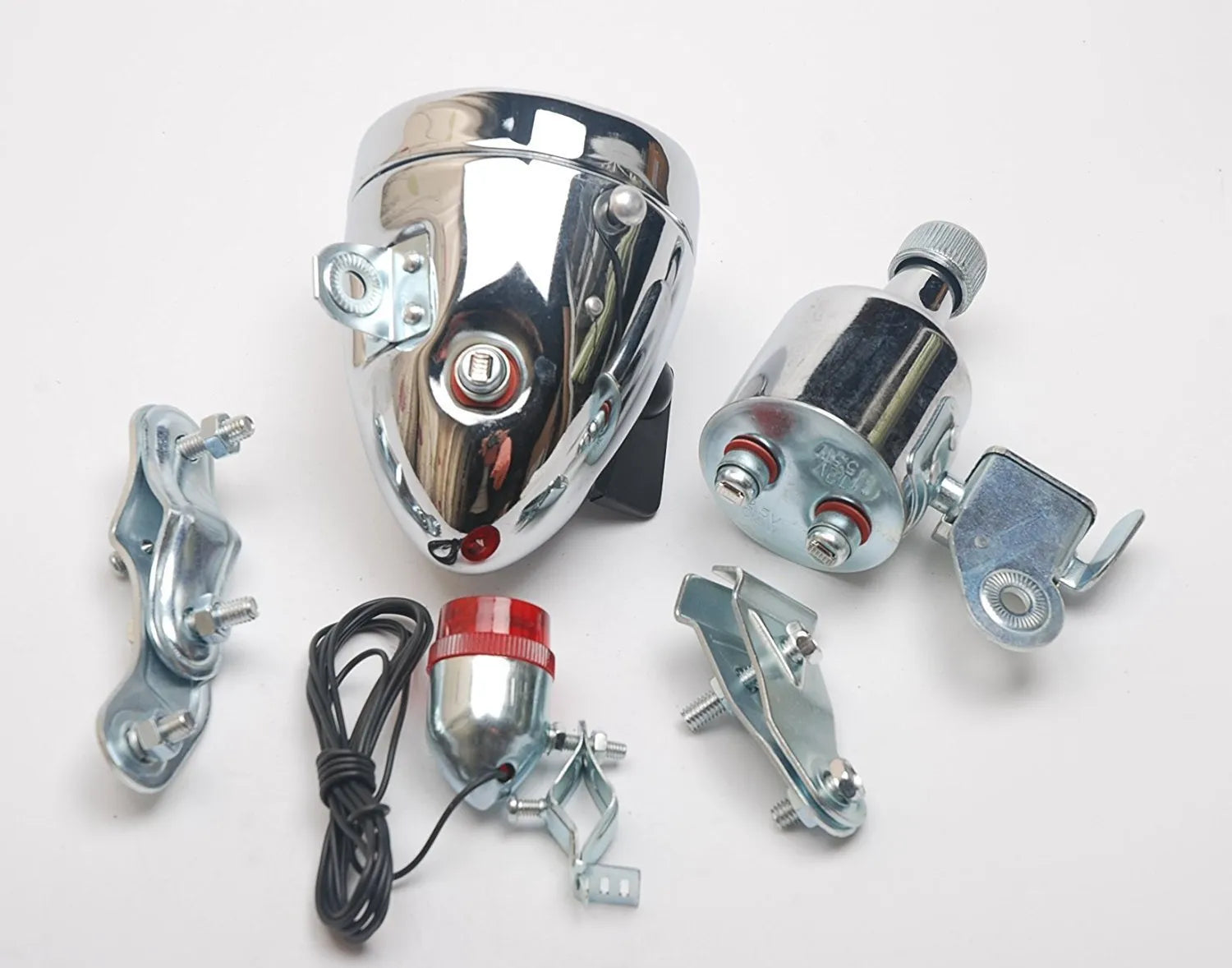 Silver bicycle dynamo-powered generator light with friction drive for front and rear lighting