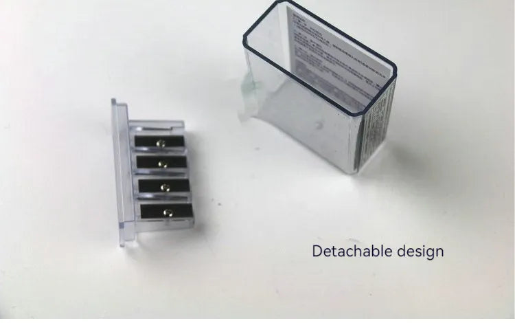 Geometric plastic pencil sharpener with four holes, four blades, and an integrated screwdriver.