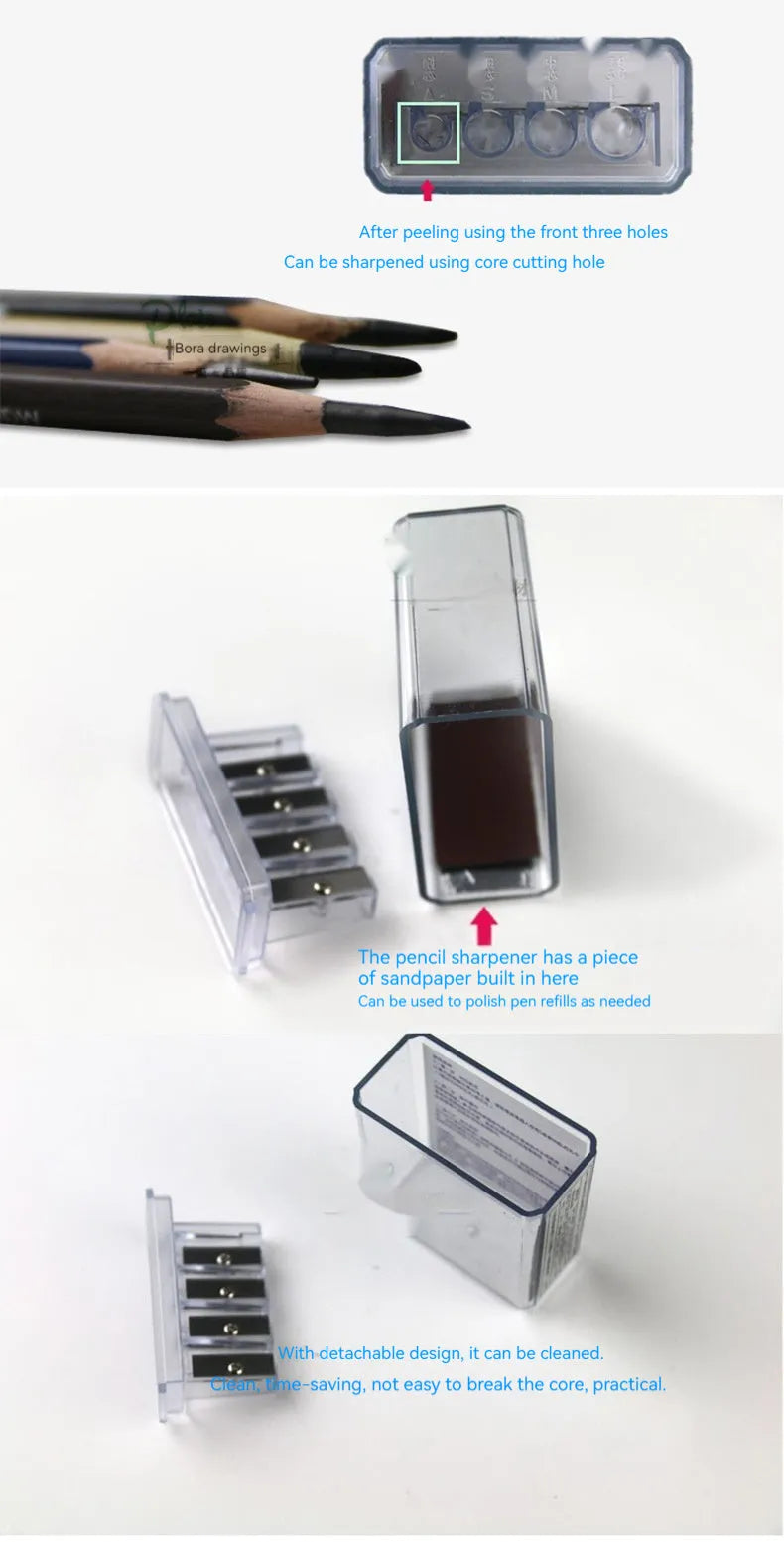 Geometric plastic pencil sharpener with four holes, four blades, and an integrated screwdriver.