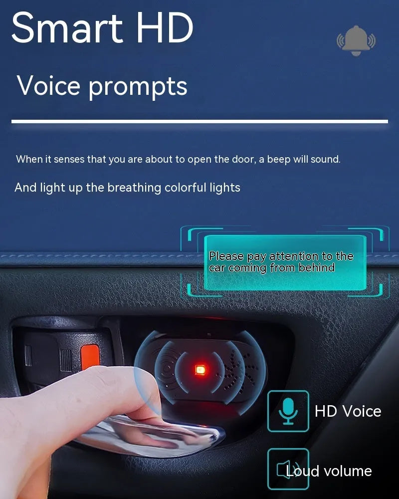 Black ABS car door reminder alarm with infrared sensor, 5V universal fit, Chinese or English voice option.
