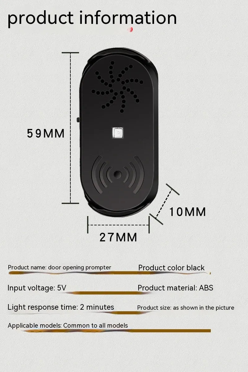 Black ABS car door reminder alarm with infrared sensor, 5V universal fit, Chinese or English voice option.