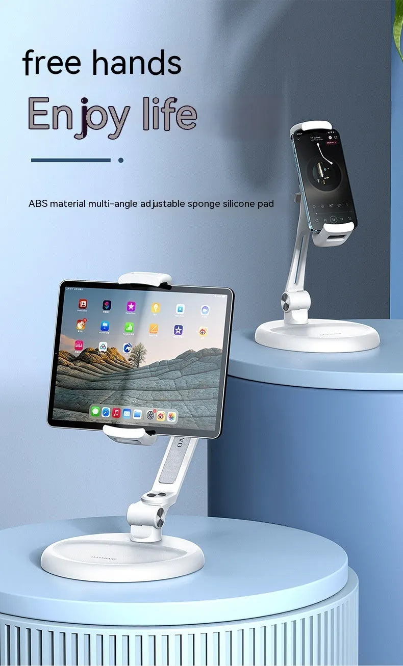 White foldable lifting desktop bracket for universal mobile phone and tablet support
