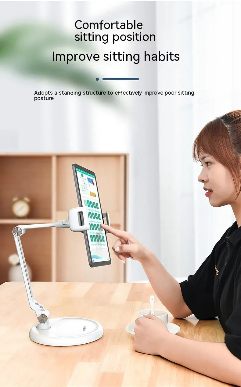 White foldable lifting desktop bracket for universal mobile phone and tablet support