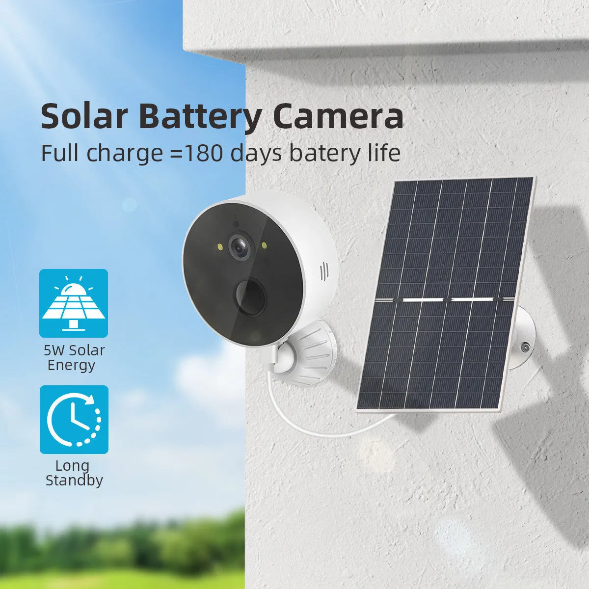 Solar-powered outdoor security camera with solar panel on grass
