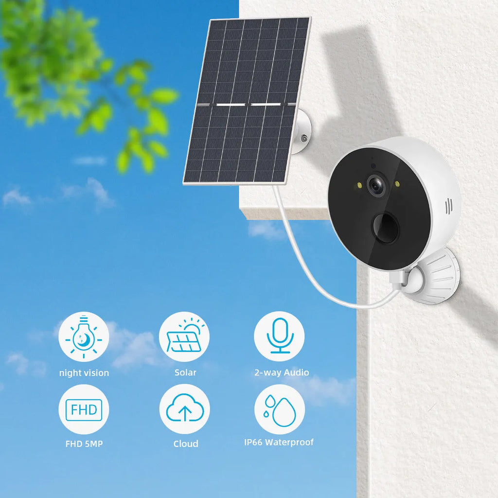 Solar-powered outdoor security camera with solar panel on grass