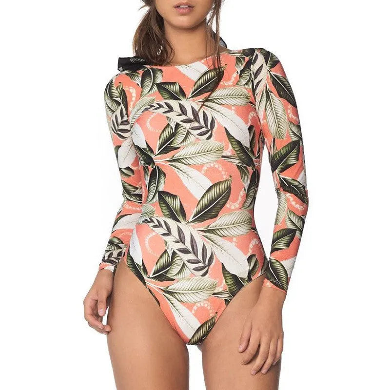 Women's backless one-piece swimsuit with floral leaf pattern in polyester fabric