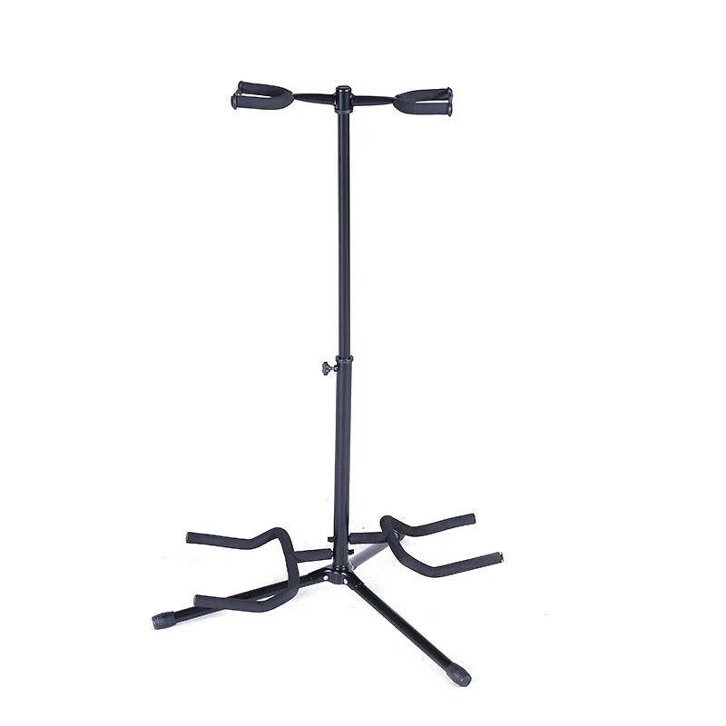 Black vertical double-headed adjustable guitar stand showing iron construction and height adjustment mechanism