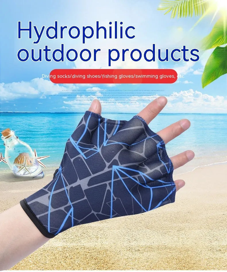 Green print duck foot webbed swimming glove for outdoor water training.