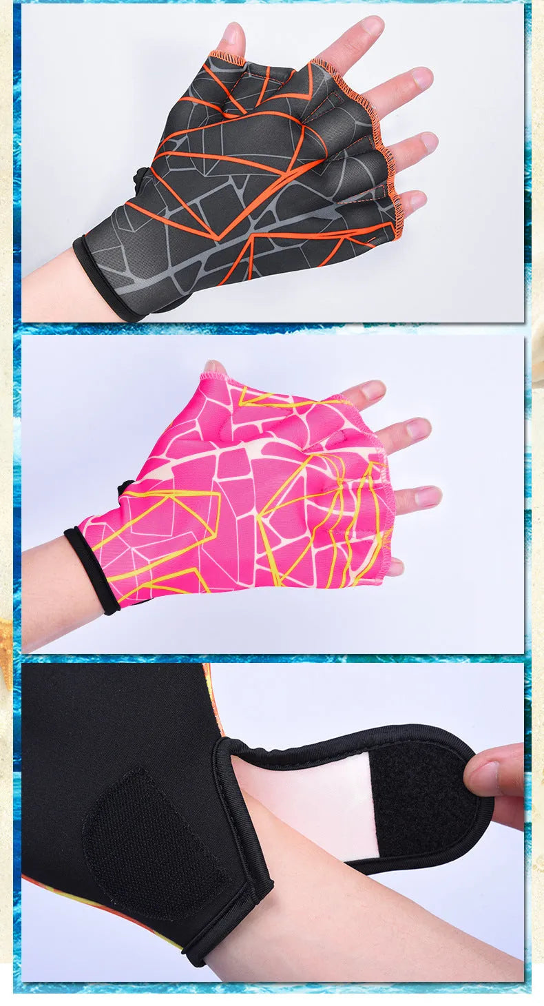 Green print duck foot webbed swimming glove for outdoor water training.