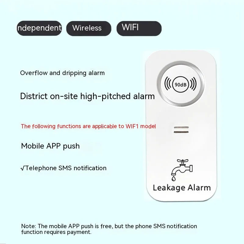 Overflow sensor independent alarm with Graffiti Wi-Fi for water leak detection in homes and warehouses