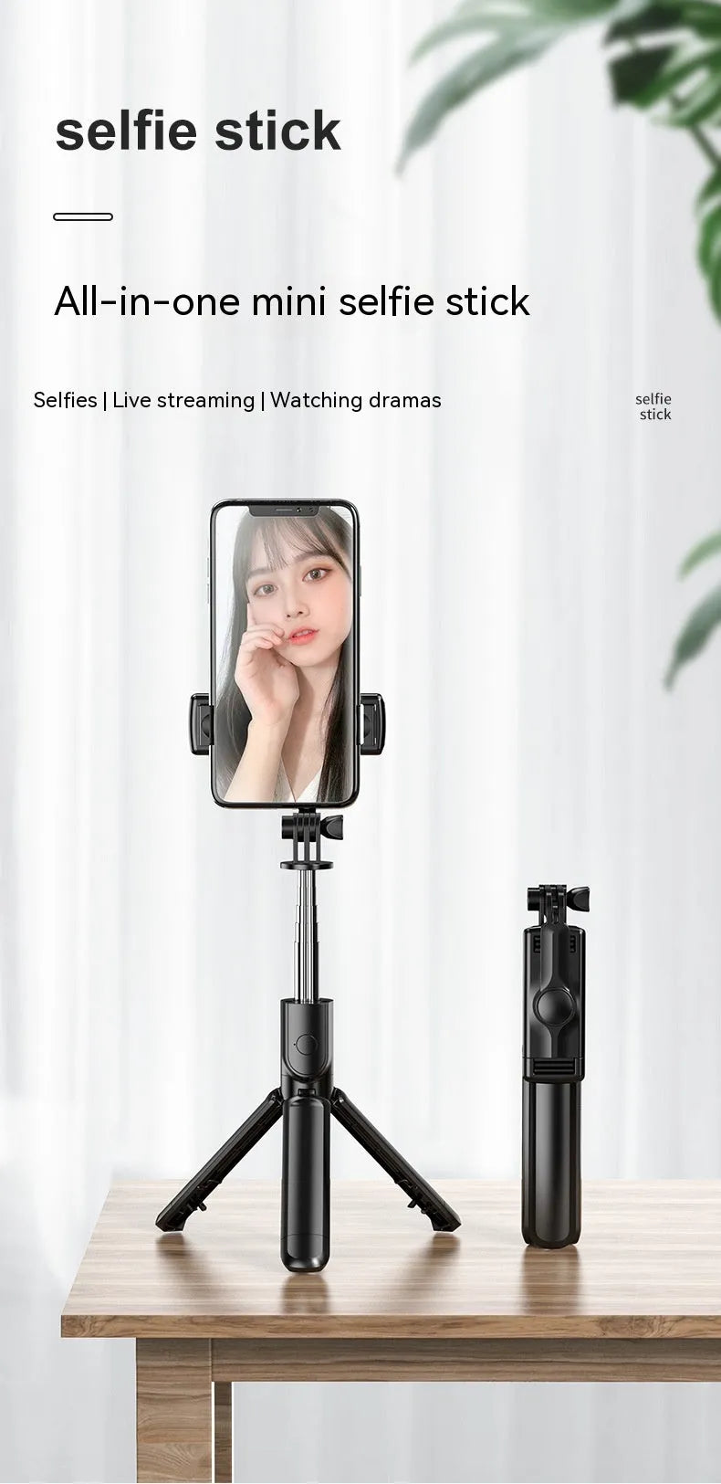 Black plastic wireless Bluetooth selfie stick with fill light and floor tripod universal phone holder