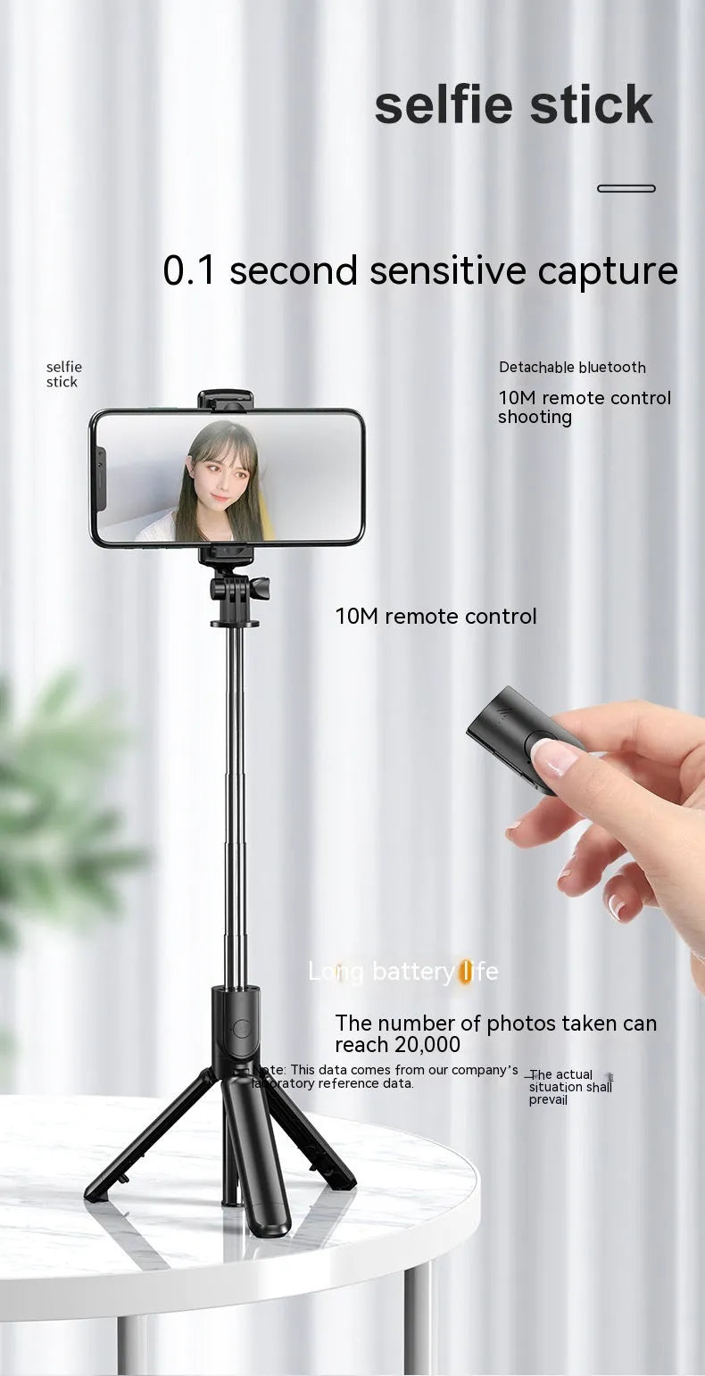 Black plastic wireless Bluetooth selfie stick with fill light and floor tripod universal phone holder
