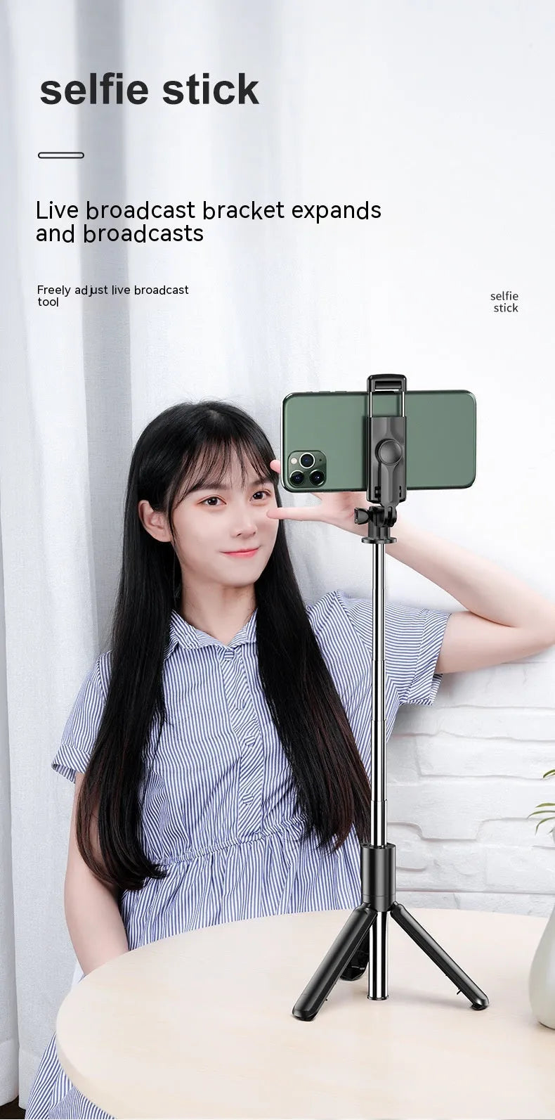 Black plastic wireless Bluetooth selfie stick with fill light and floor tripod universal phone holder