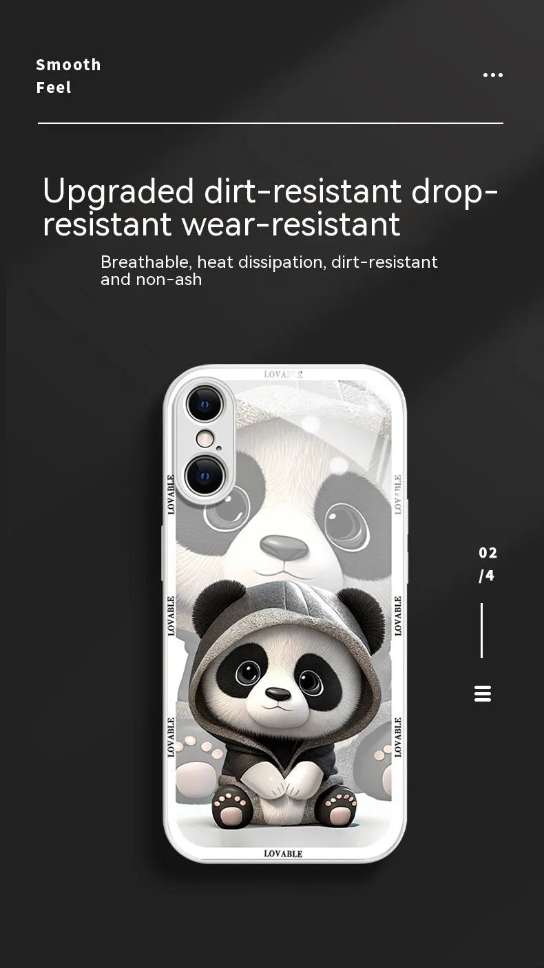 Glass liquid silicone phone case with panda design for iPhone, black and white colour options