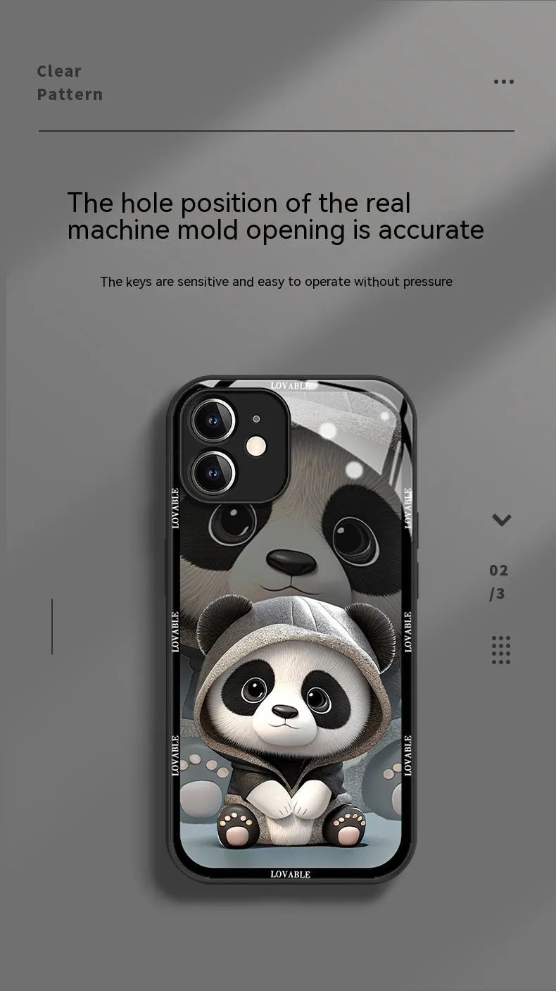 Glass liquid silicone phone case with panda design for iPhone, black and white colour options