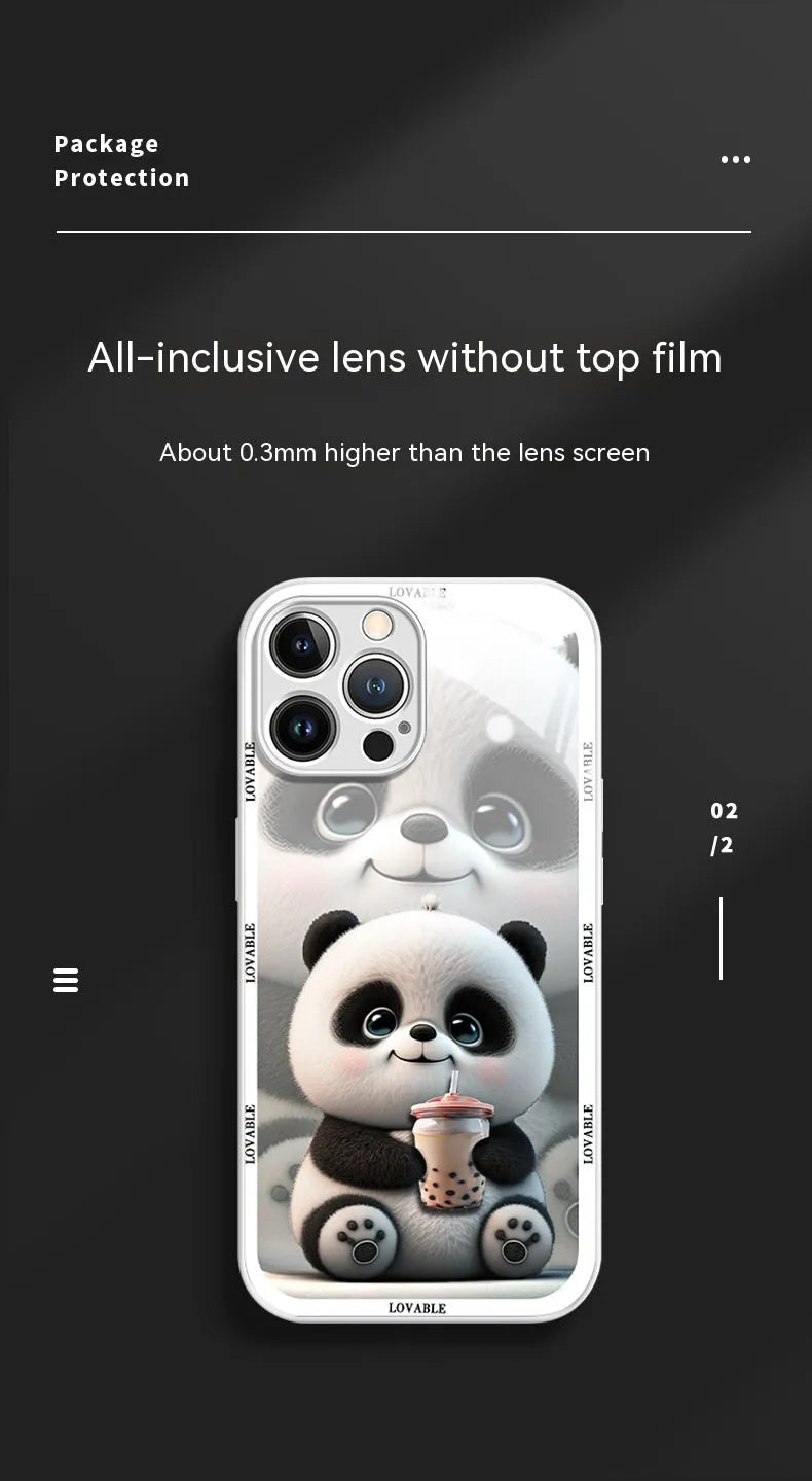 Glass liquid silicone phone case with panda design for iPhone, black and white colour options