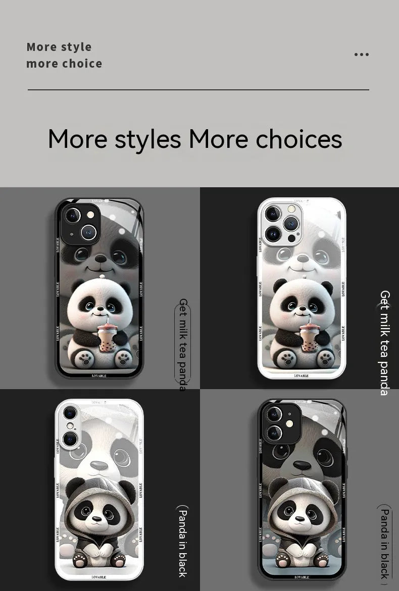 Glass liquid silicone phone case with panda design for iPhone, black and white colour options