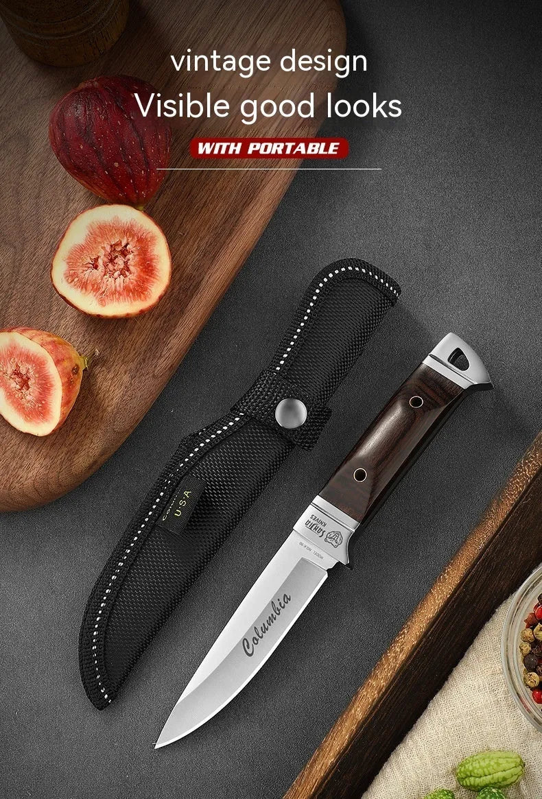 Stainless steel camping fruit knife with leather protective case showing national style design