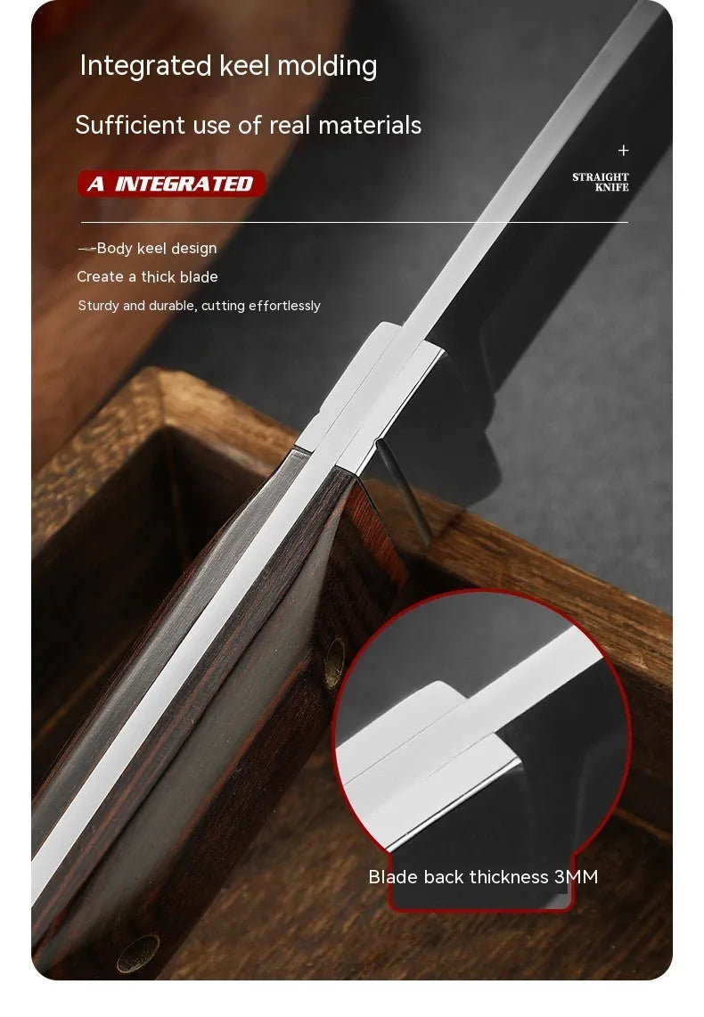 Stainless steel camping fruit knife with leather protective case showing national style design