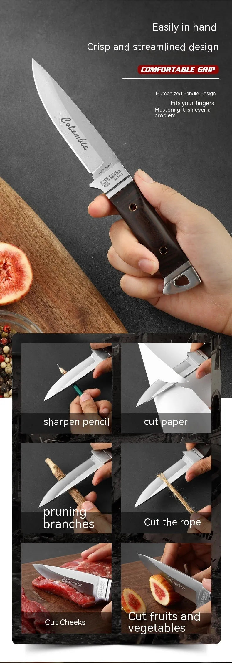 Stainless steel camping fruit knife with leather protective case showing national style design