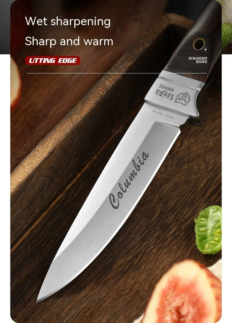Stainless steel camping fruit knife with leather protective case showing national style design