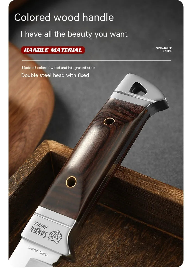 Stainless steel camping fruit knife with leather protective case showing national style design