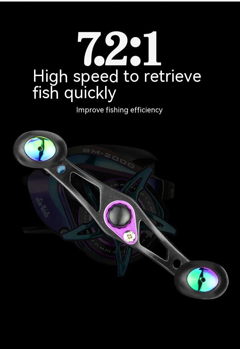 BM2000 fishing reel with colourful finish and magnetic brake system, shown in left-hand and right-hand model options.