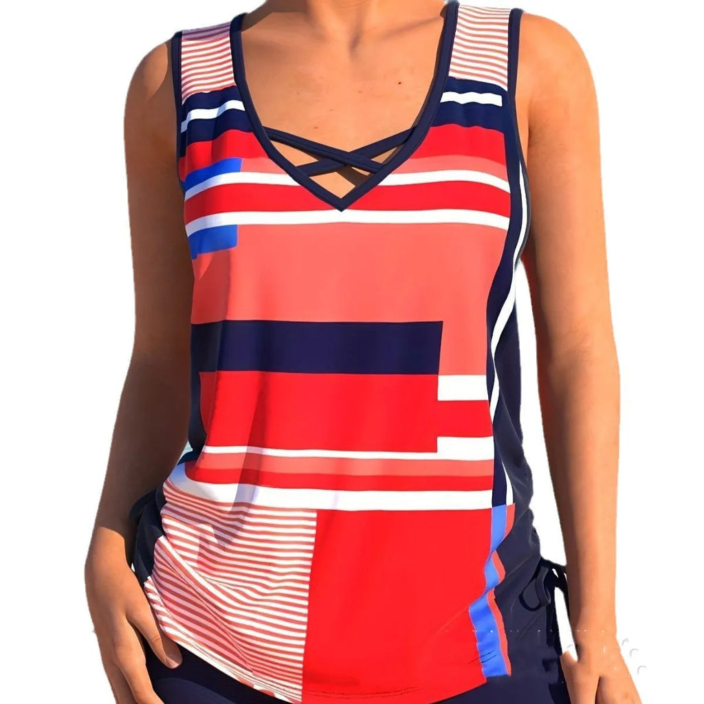 Women's printed split boxer swimsuit with matching top in black, navy blue, light green, or printed colours