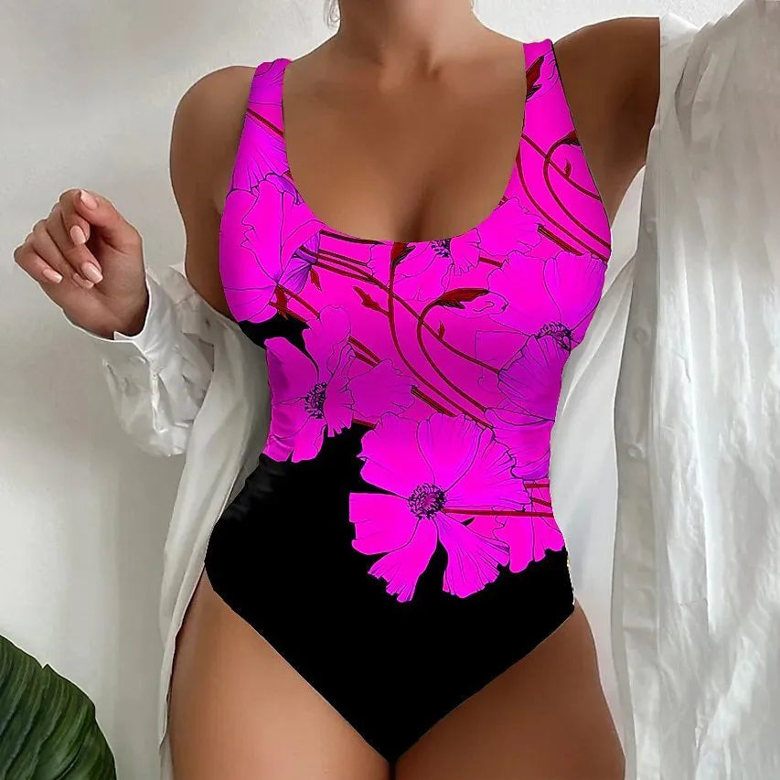 Women's 3D printed one-piece swimsuit in orange red, purple, and sky blue colour options