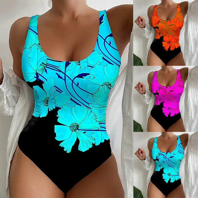 Women's 3D printed one-piece swimsuit in orange red, purple, and sky blue colour options
