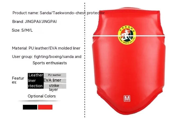 Red boxing helmet and matching chest protector set for fighting training