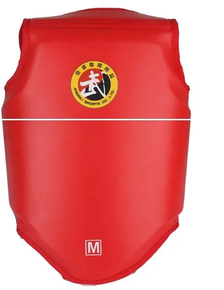 Red boxing helmet and matching chest protector set for fighting training