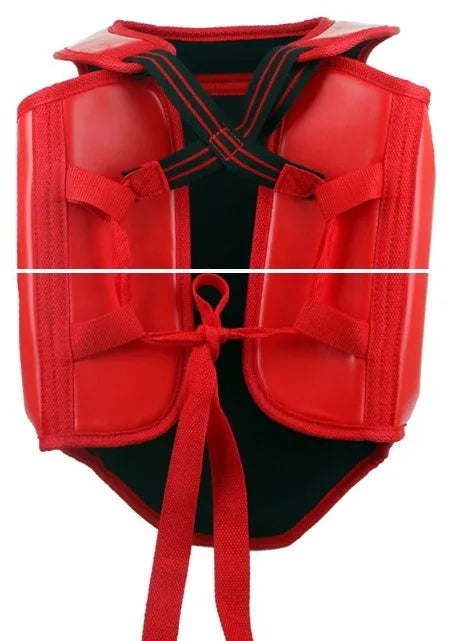 Red boxing helmet and matching chest protector set for fighting training