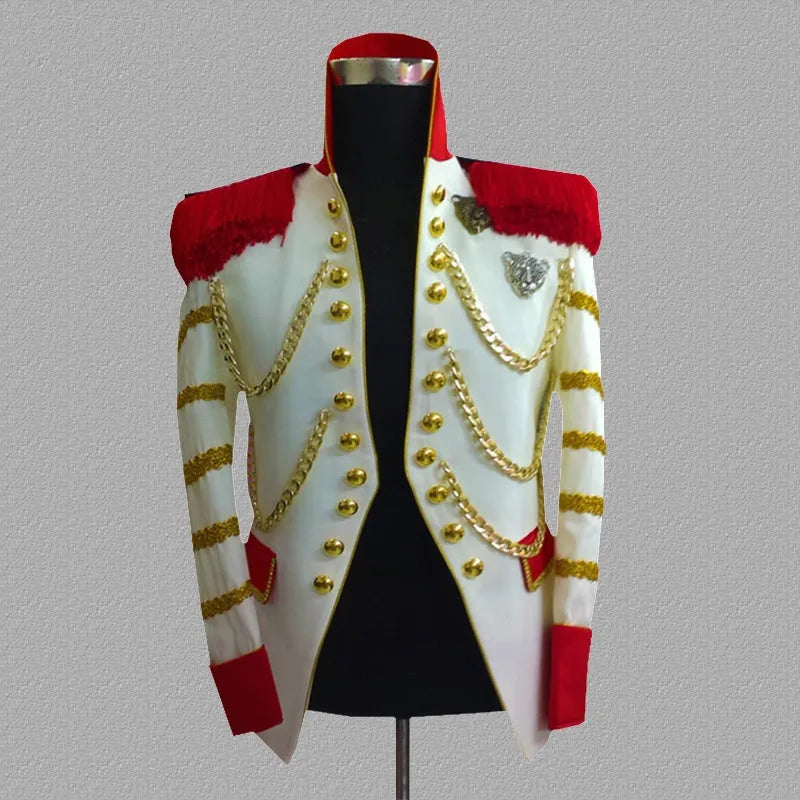 White men's slim fit stage jacket with black tassels on front, polyester fabric, long sleeves
