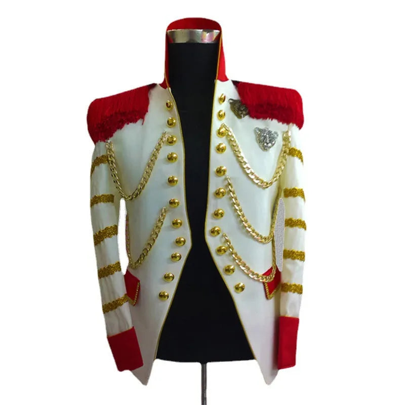 White men's slim fit stage jacket with black tassels on front, polyester fabric, long sleeves