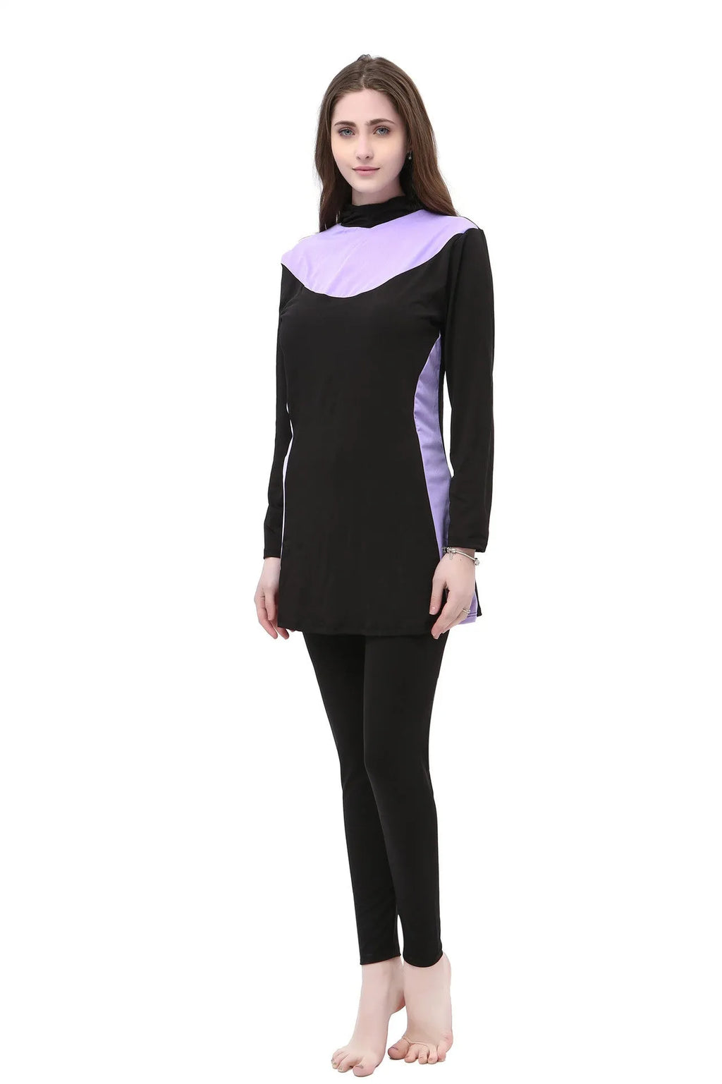 Women's black long sleeve hooded swimsuit with rose red trim, shown as a two-piece set for swimming.