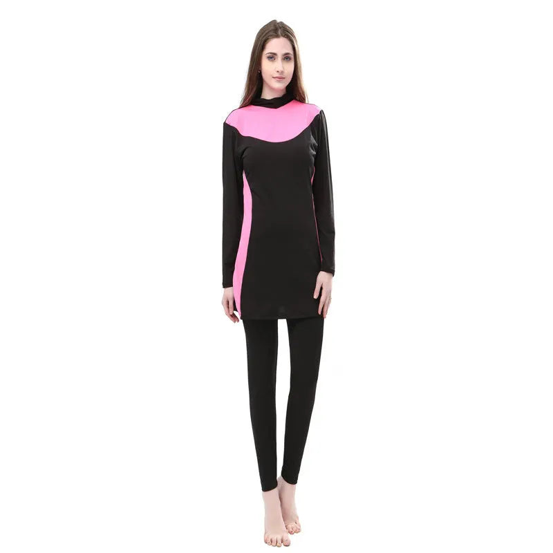 Women's black long sleeve hooded swimsuit with rose red trim, shown as a two-piece set for swimming.