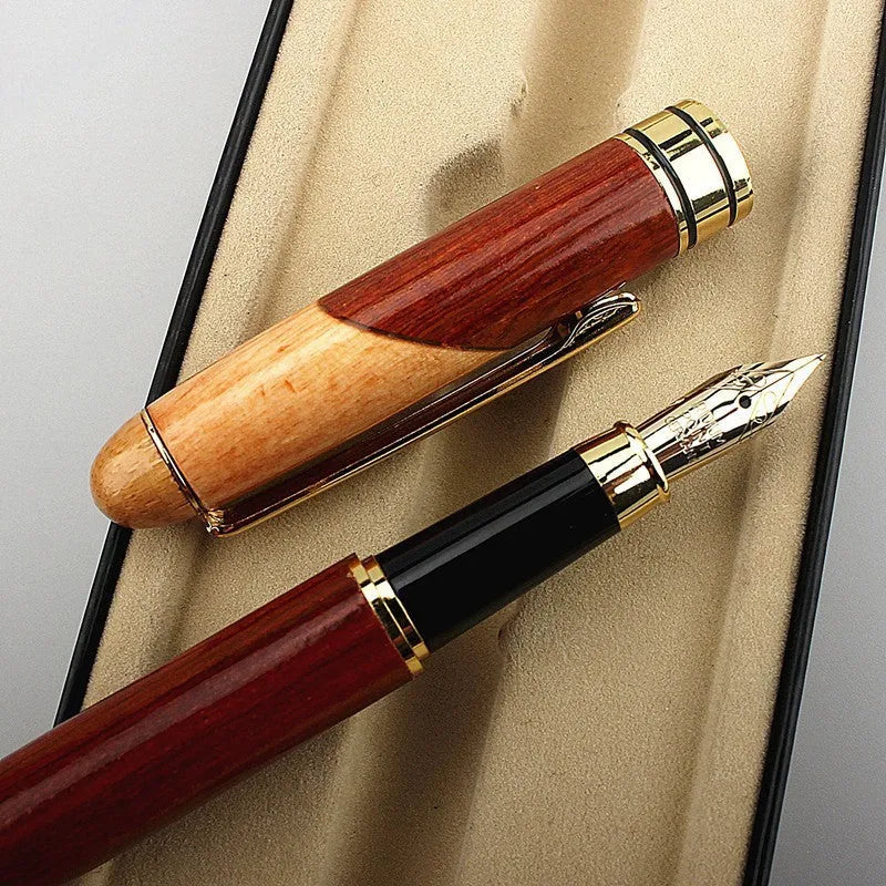 Fashion wooden and metal pen with a black carry bag on a desk