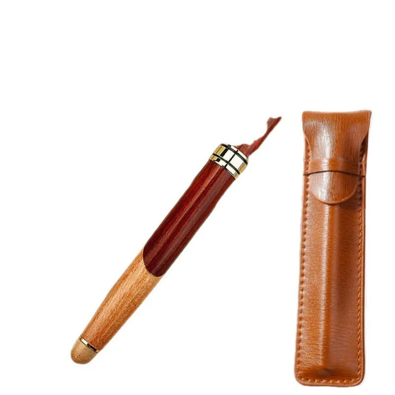 Fashion wooden and metal pen with a black carry bag on a desk