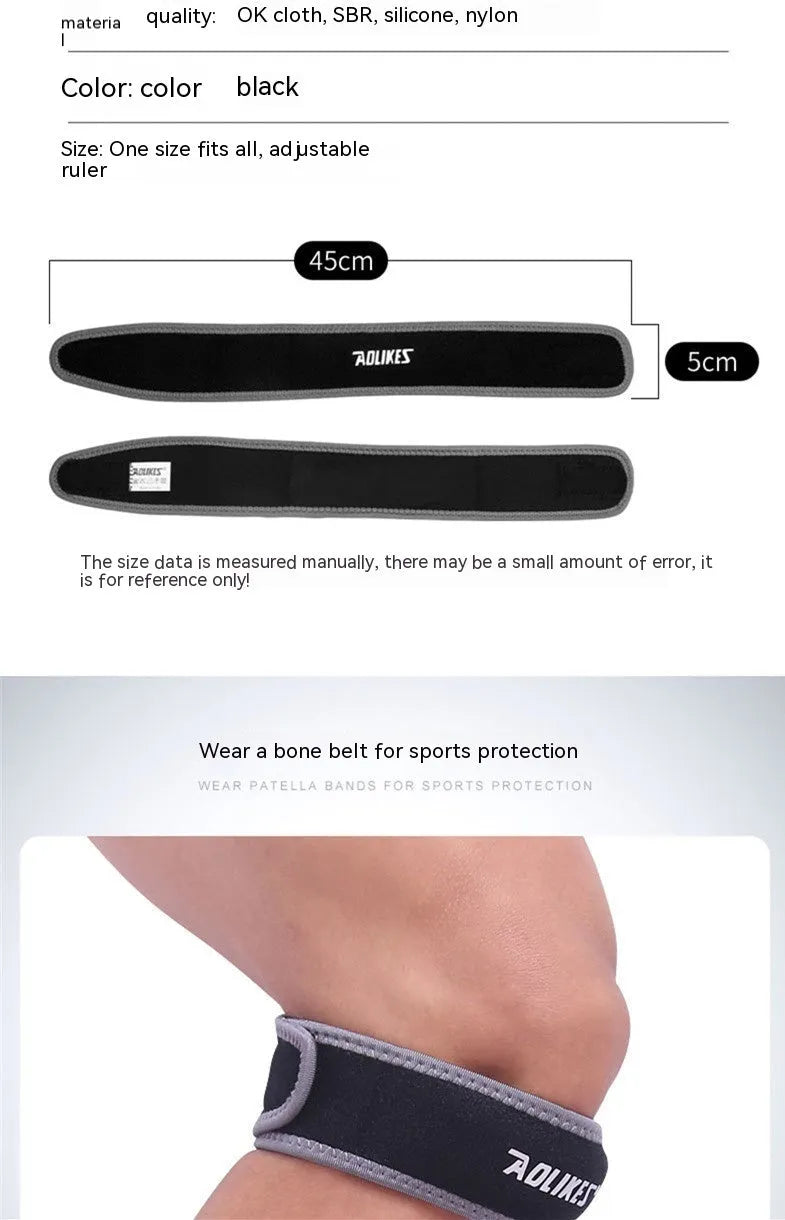 Black and grey patella retinaculum knee support for sports protection.