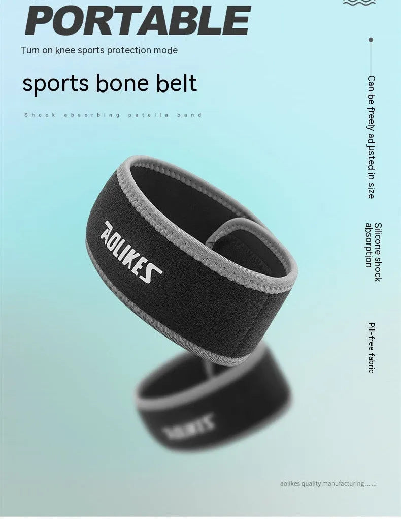 Black and grey patella retinaculum knee support for sports protection.