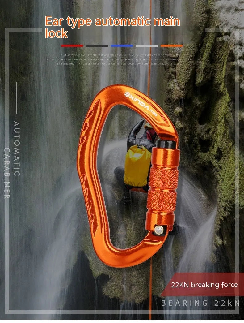 Automatic lock climbing carabiner in five colour options for rock climbing gear