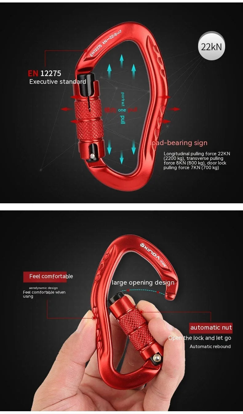 Automatic lock climbing carabiner in five colour options for rock climbing gear