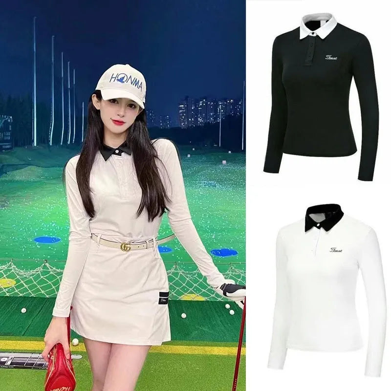 Women's black golf top with long sleeves for sun protection during outdoor activities