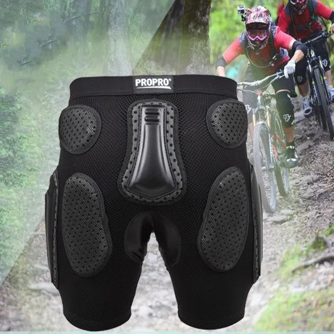 Black cycling multifunctional hip pad protective pants showing the hip protection area.