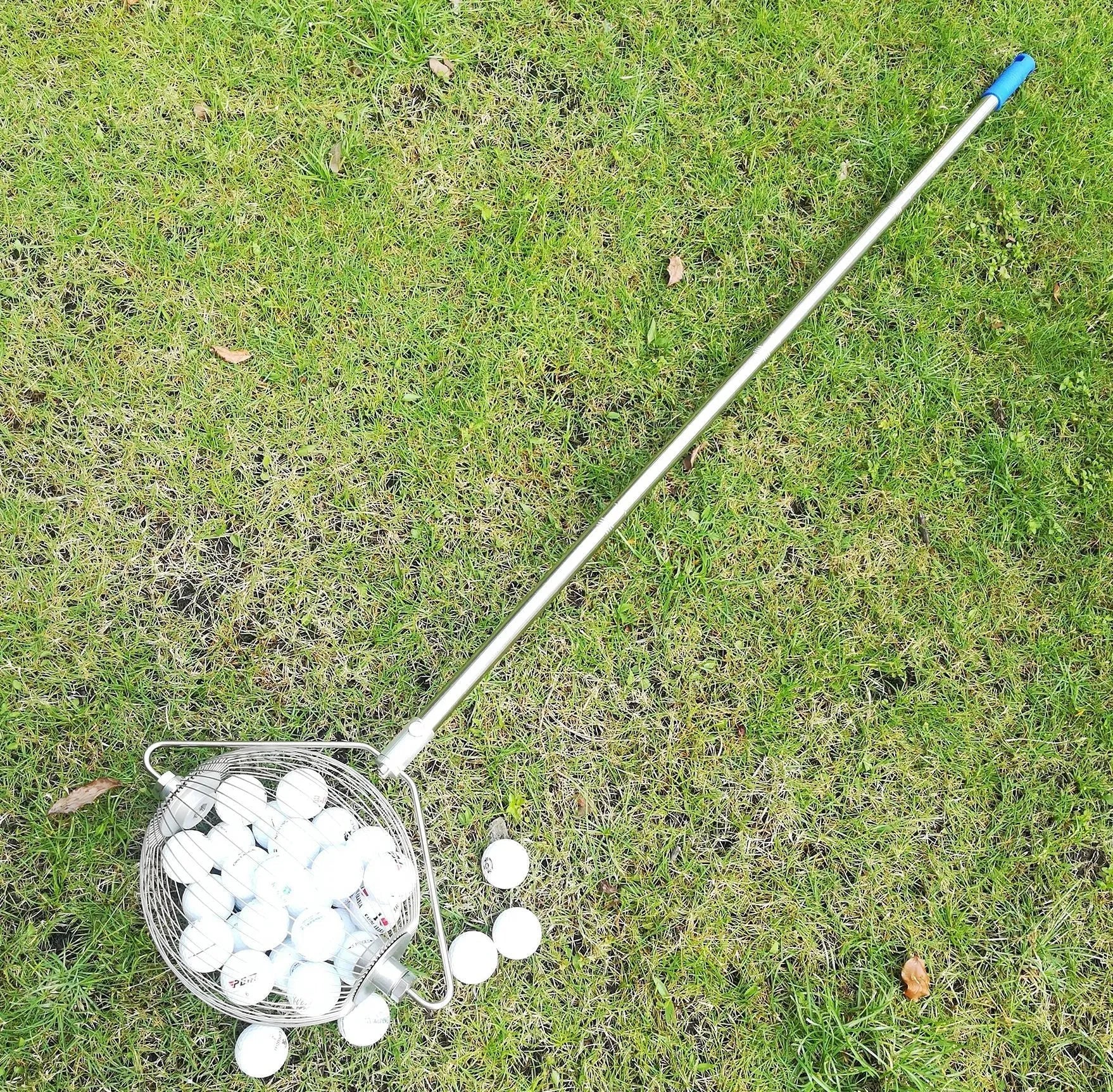 Metallic finish stainless steel golf ball picker tool with magnetic tip for retrieving golf balls