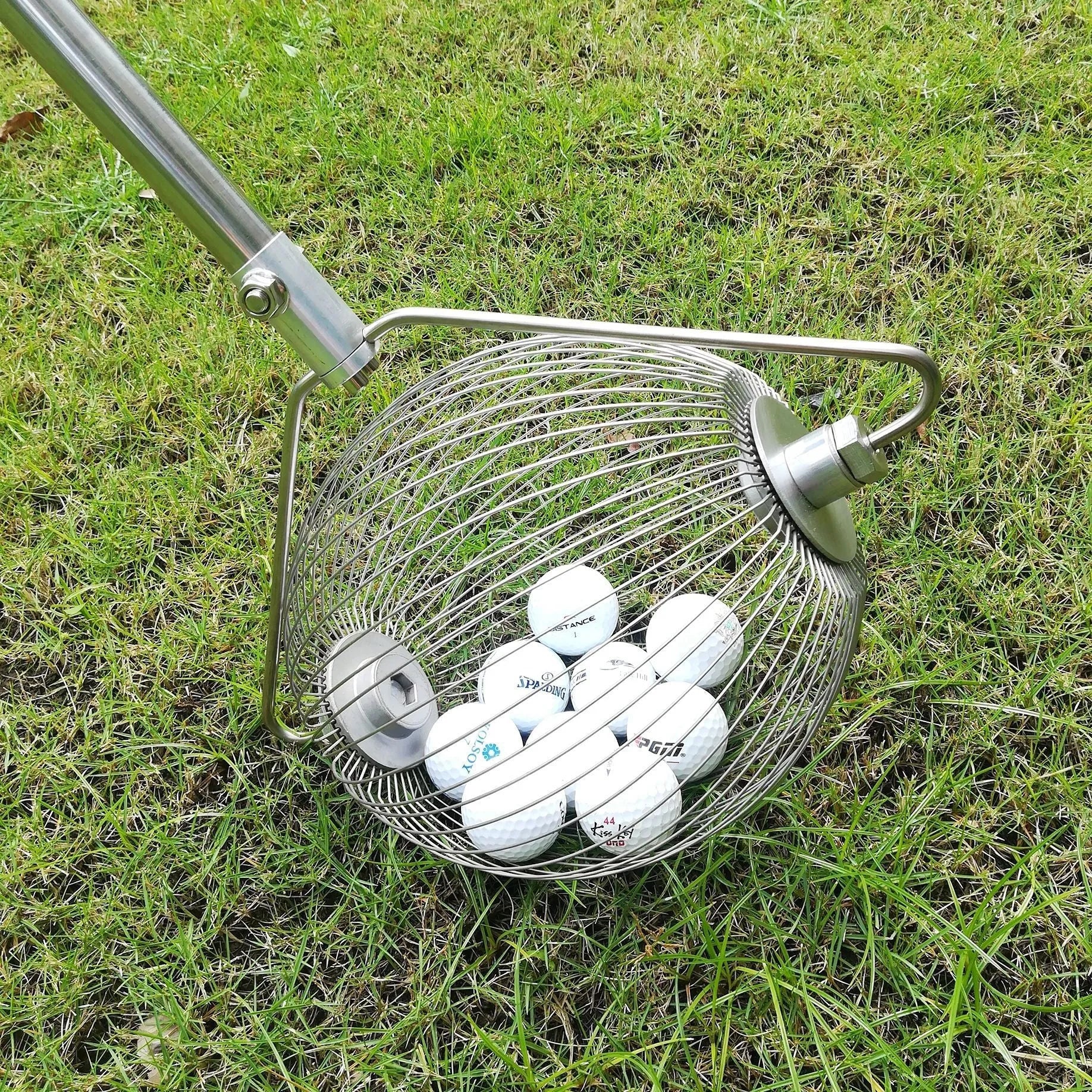Metallic finish stainless steel golf ball picker tool with magnetic tip for retrieving golf balls