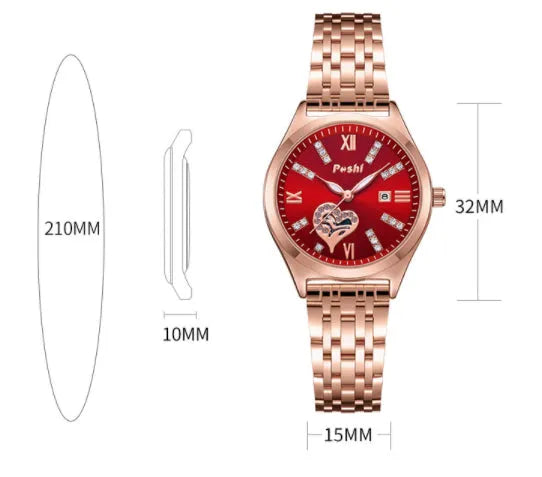 Women's casual alloy strap watch with Roman numeral rhinestone dial, luminous hands, and calendar window